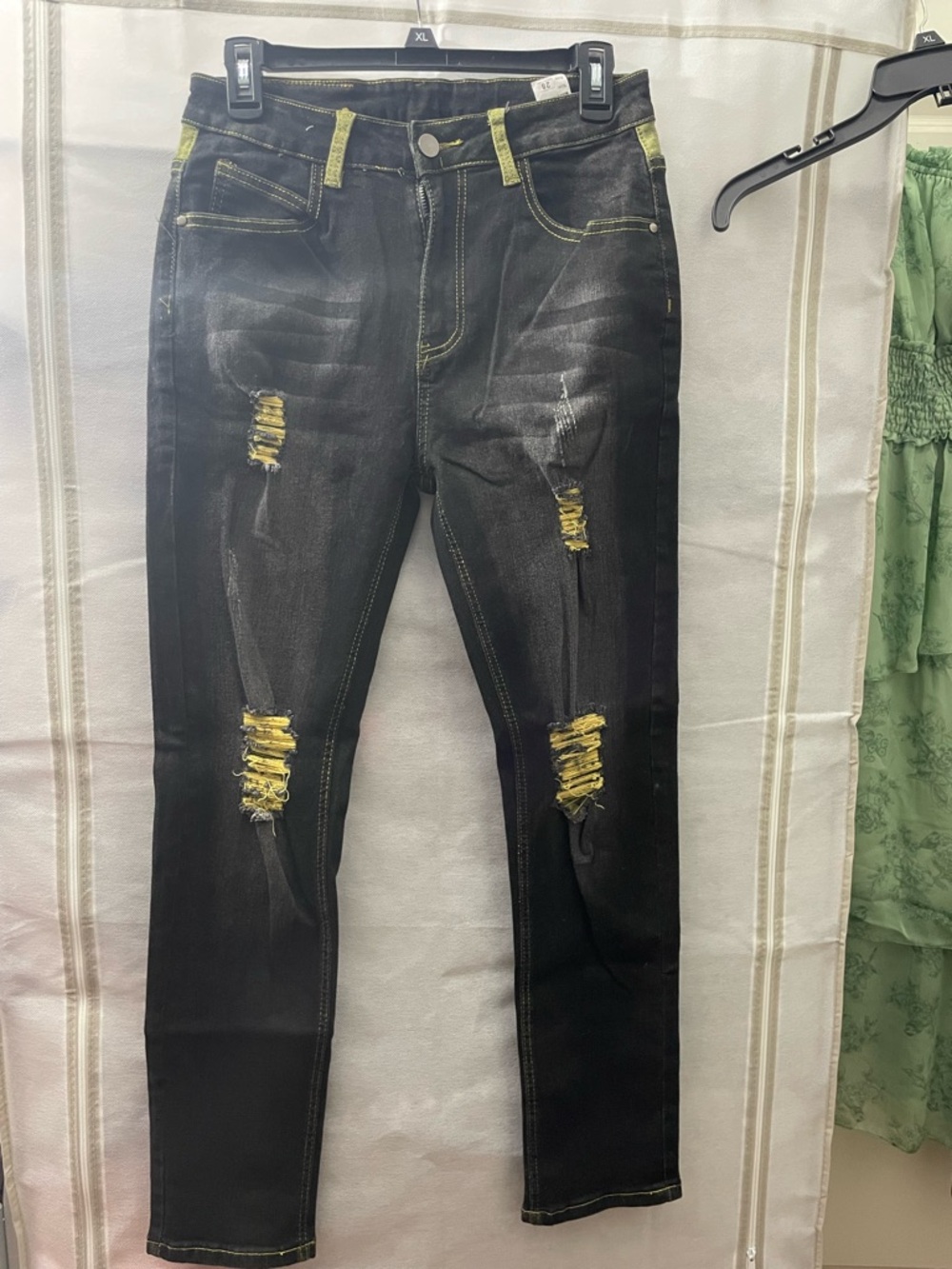 Men's Black Distressed Jeans with Yellow Accents